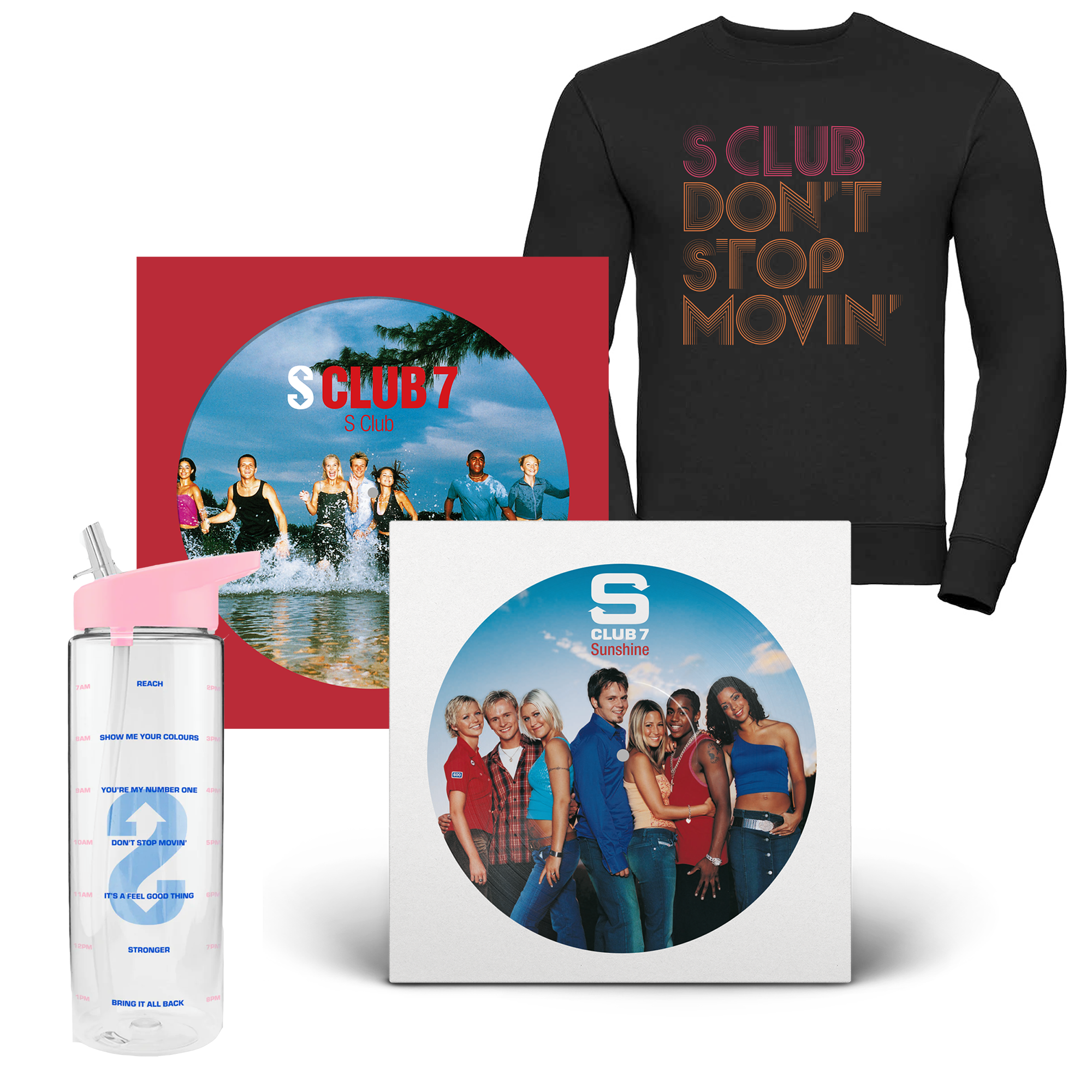 S Club + Sunshine: Picture Discs, Don't Stop Movin' Sweatshirt + Time Tracker Bottle