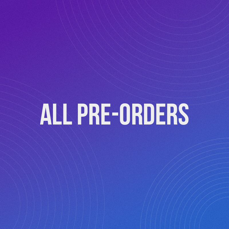 Purple / blue gradient background with white 'All Pre-Orders' text in the centre.