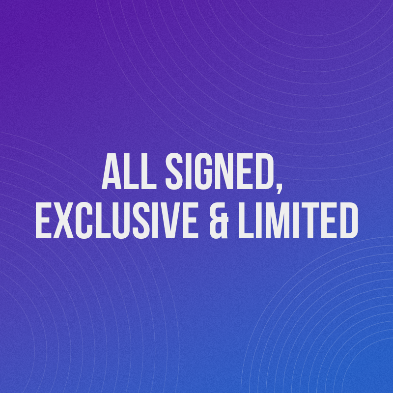 Purple / blue gradient background with white 'All Signed, Exclusive and Limited' text in the centre.