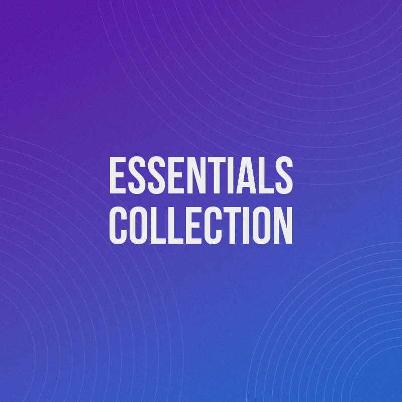 Purple / blue gradient background with white 'Essentials Collection' text in the centre.