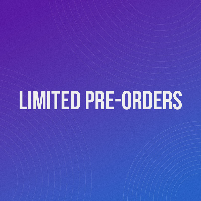 Purple / blue gradient background with white 'Limited Pre-Orders' text in the centre.