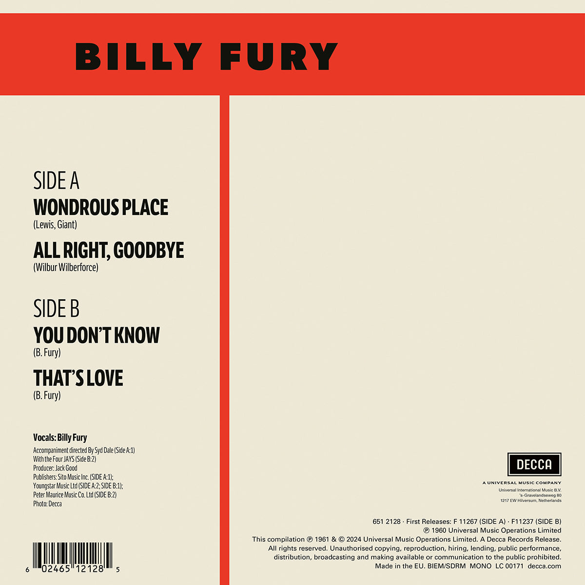Billy Fury - Wondrous Place: 7" Vinyl Single