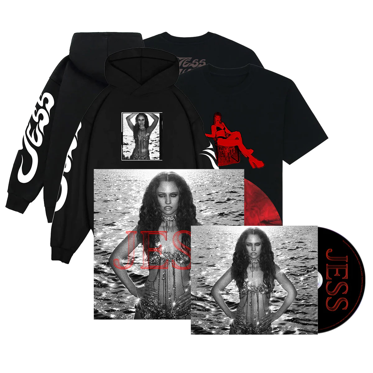 JESS: Signed Red & Black Marble Vinyl LP, Signed CD, T-Shirt + Hoodie