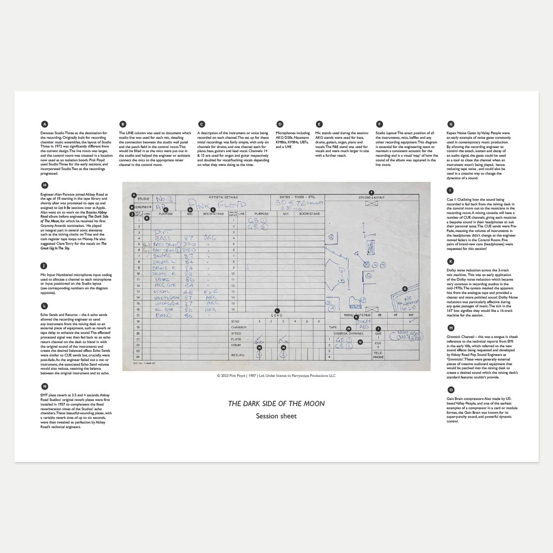 Abbey Road Studios - Abbey Road Studios x Pink Floyd 'The Dark Side of The Moon' Session Sheet