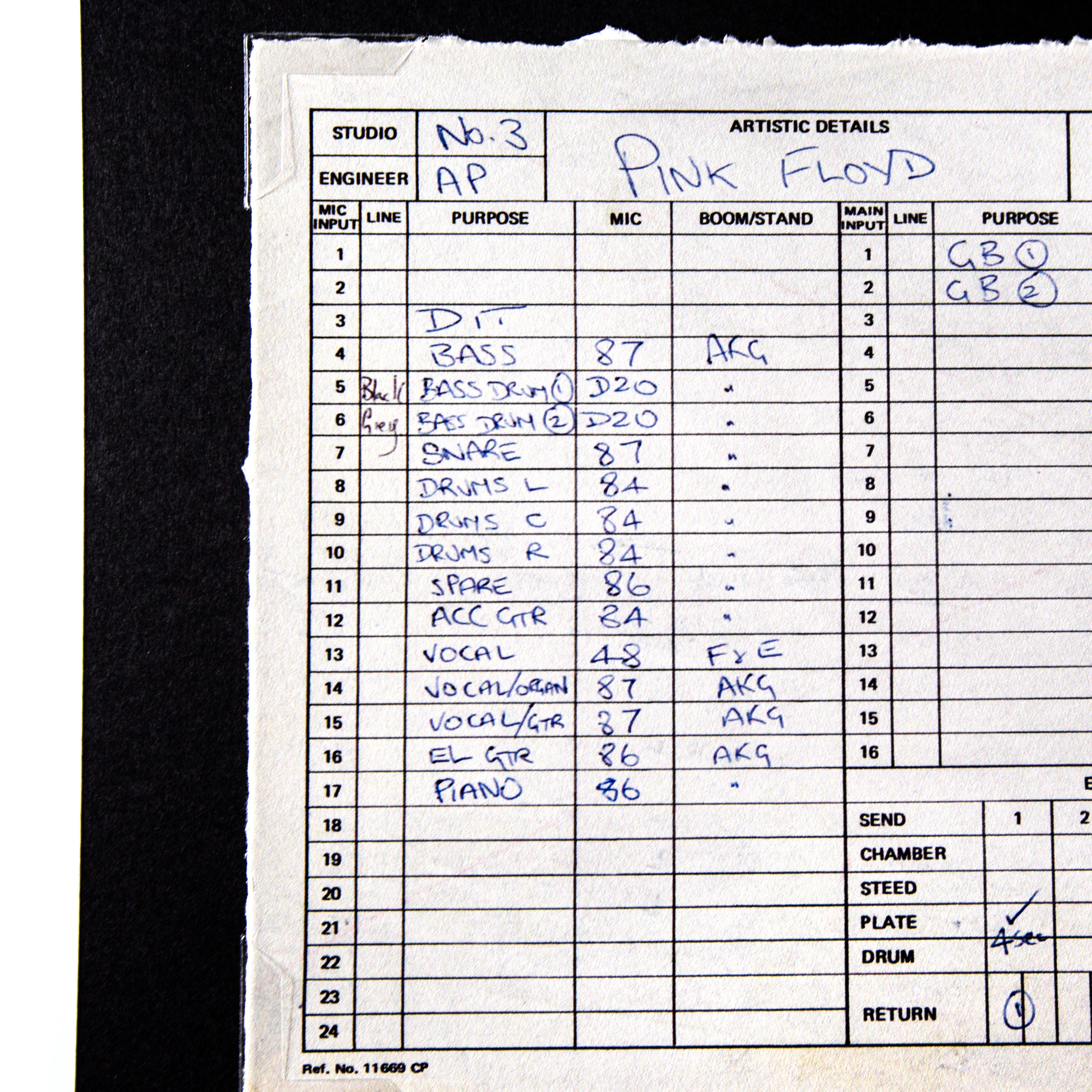 Abbey Road Studios - Abbey Road Studios x Pink Floyd 'The Dark Side of The Moon' Session Sheet