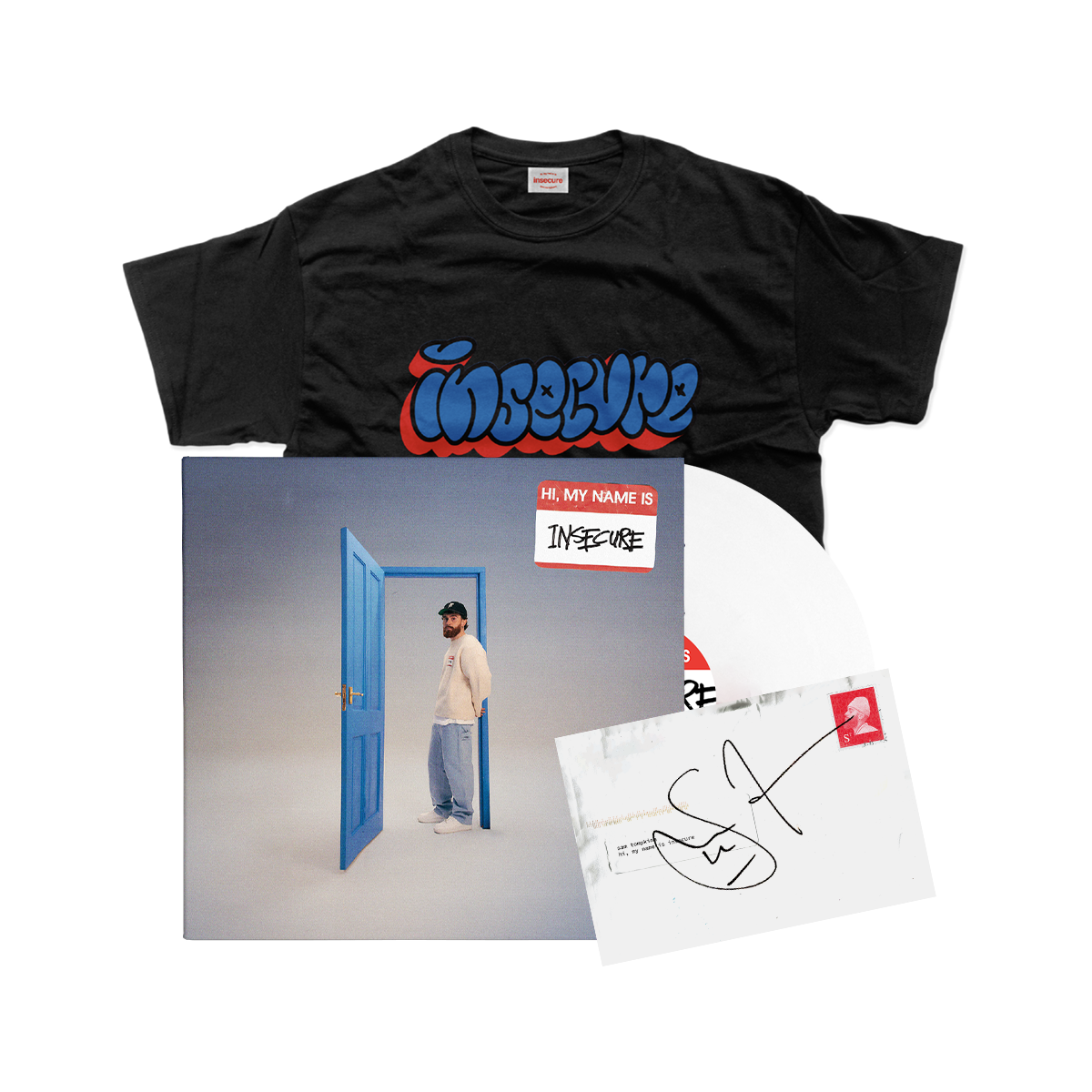 hi, my name is insecure: Limited Red/White Split Vinyl LP, T-Shirt + Signed Art Card